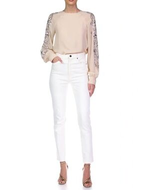 Halston ALLIE WOMENS SEQUINED LONG SLEEVE BLOUSE IN CREAM